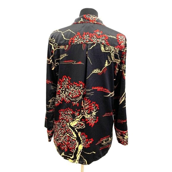 Natori Black Satin Cherry Blossom Floral Long Sleeve Button Up Shirt - Picture 5 of 13